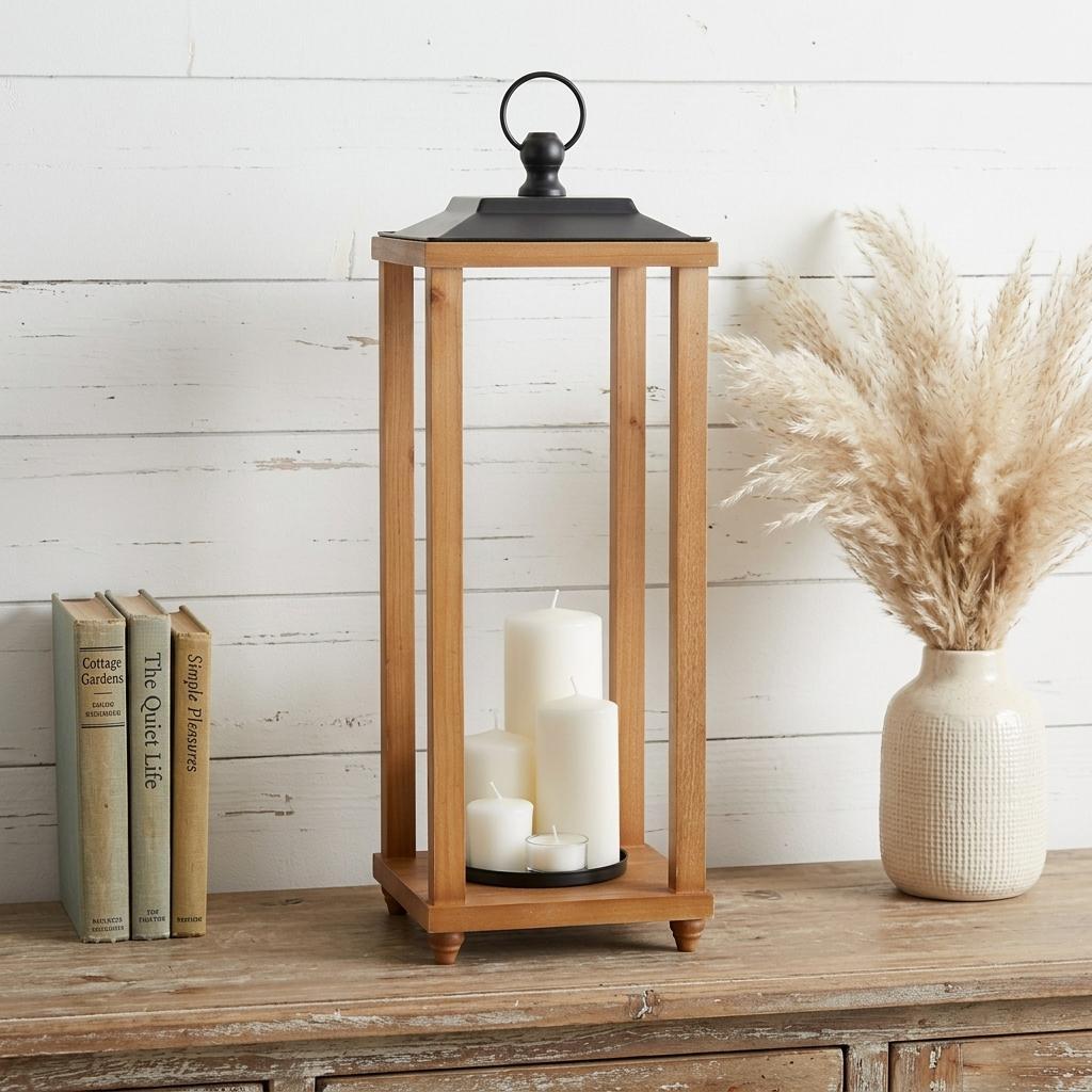 24 Brown And Black Geometric Metal And Solid Wood Floor Lantern Candle Holder