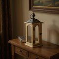 16 Natural And Gray Geometric Metal And Solid Wood Tabletop Lantern Candle Holder