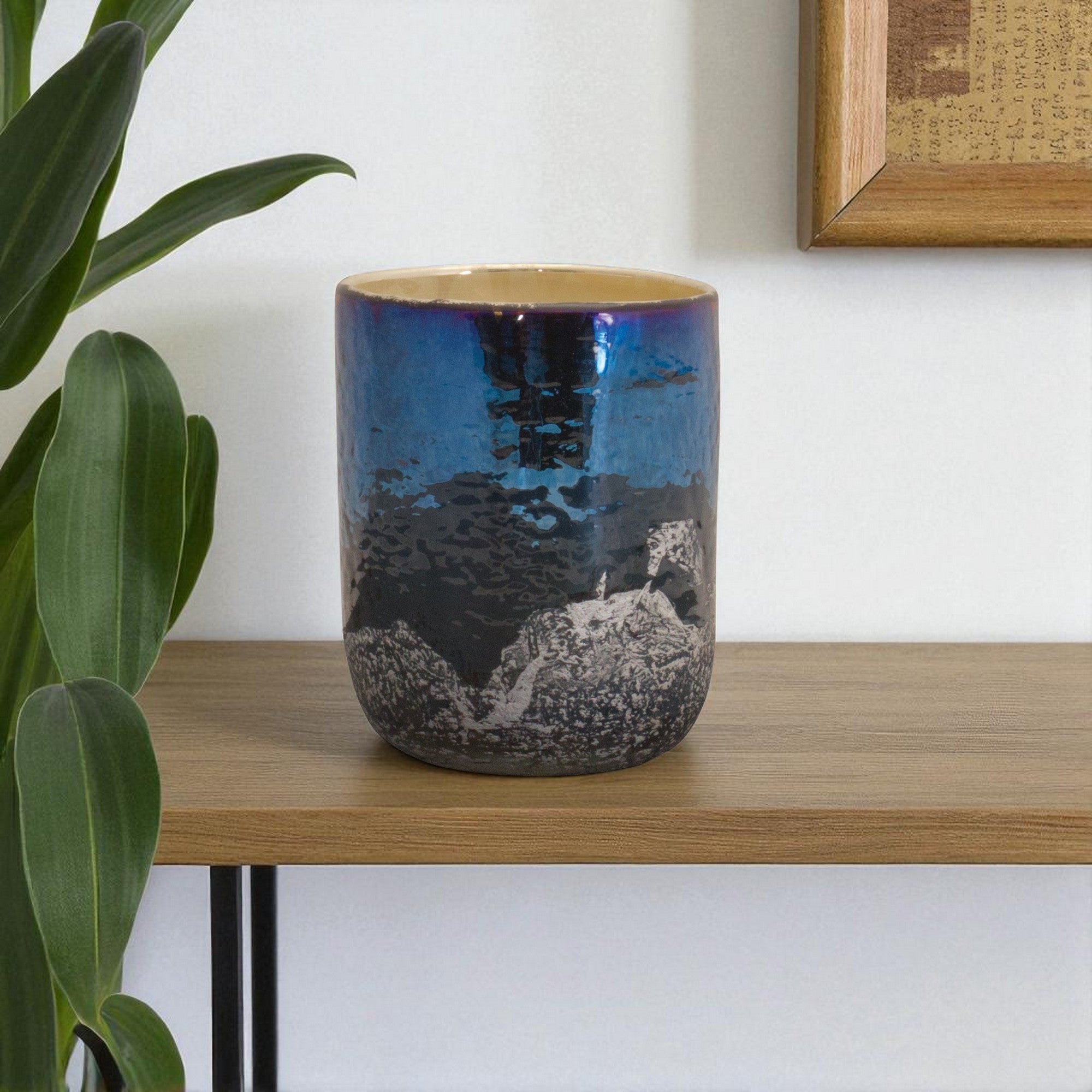 5 Navy Blue And Silver Abstract Glass Tabletop Pillar Candle Holder