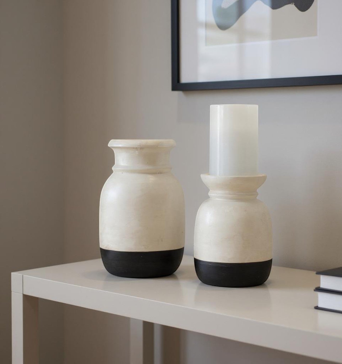 Set of Two Cream And Black Distressed Ceramic Tabletop Pillar Candle Holders