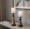 Set of Two Black And Brown Metal And Solid Wood Tabletop Pillar Candle Holders