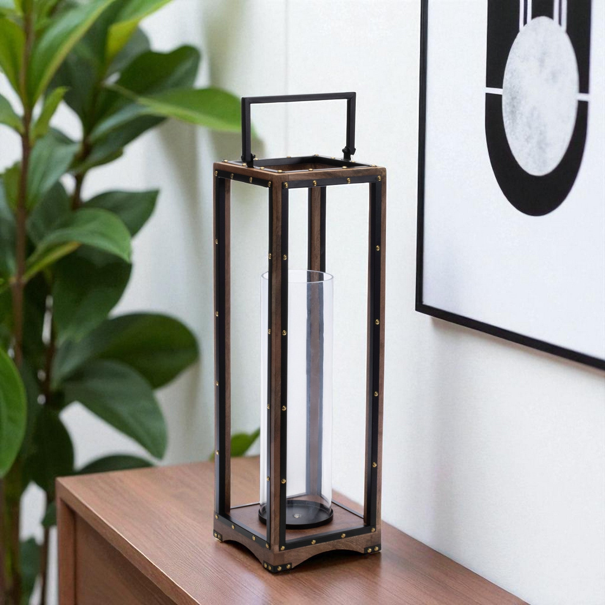 25 Black And Brown Metal And Solid Wood Tabletop Lantern Candle Holder