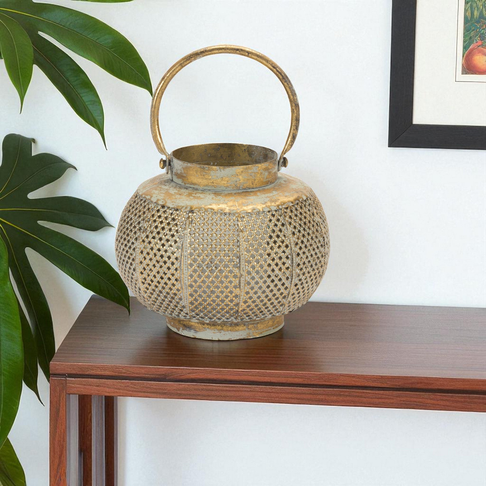 6 Bronze And Green Distressed Lattice Metal Tabletop Lantern Candle Holder