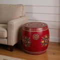 18 Red Iron Hand Painted Floral Round Drum End Table