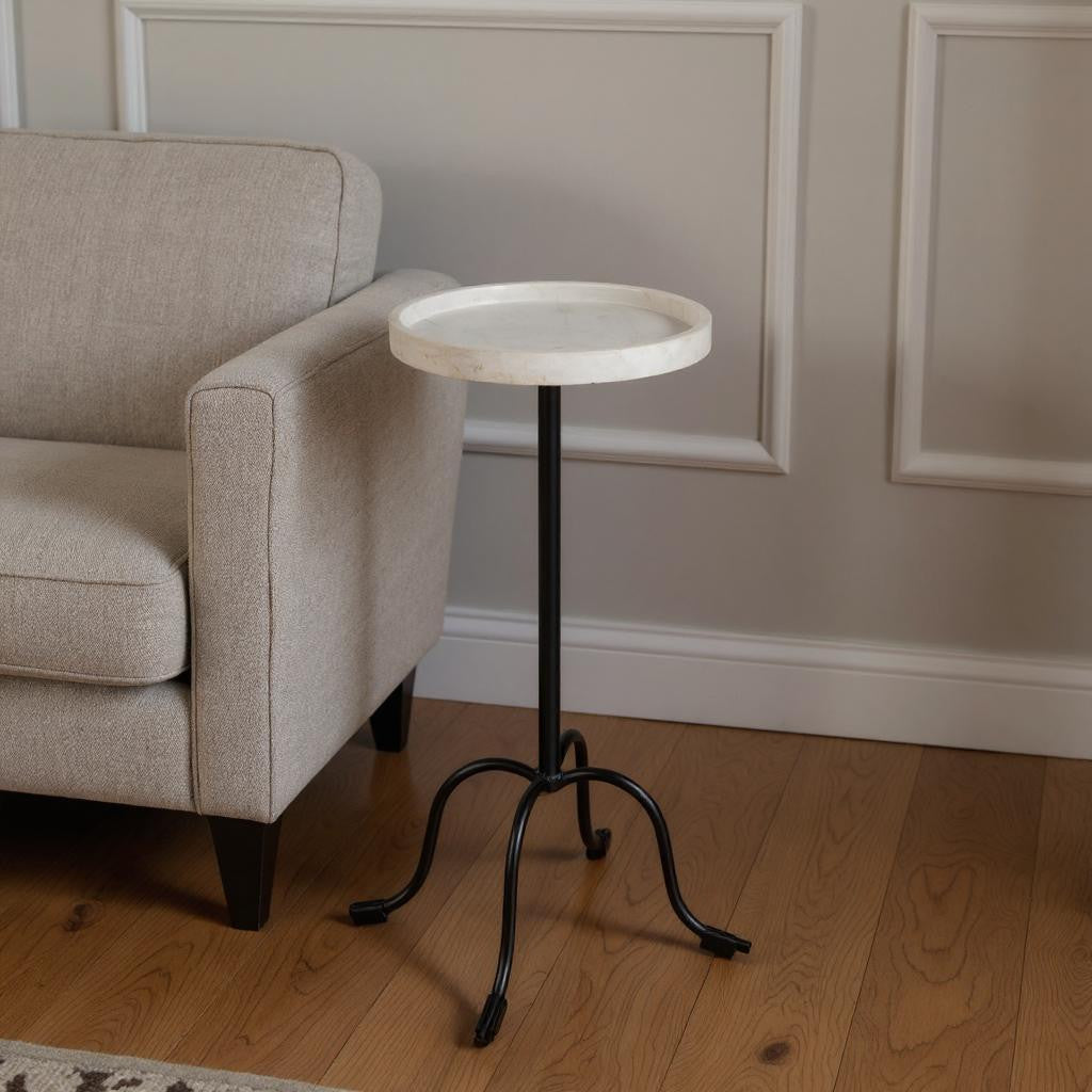 25 White and Black Marble and Iron Round Pedestal End Table