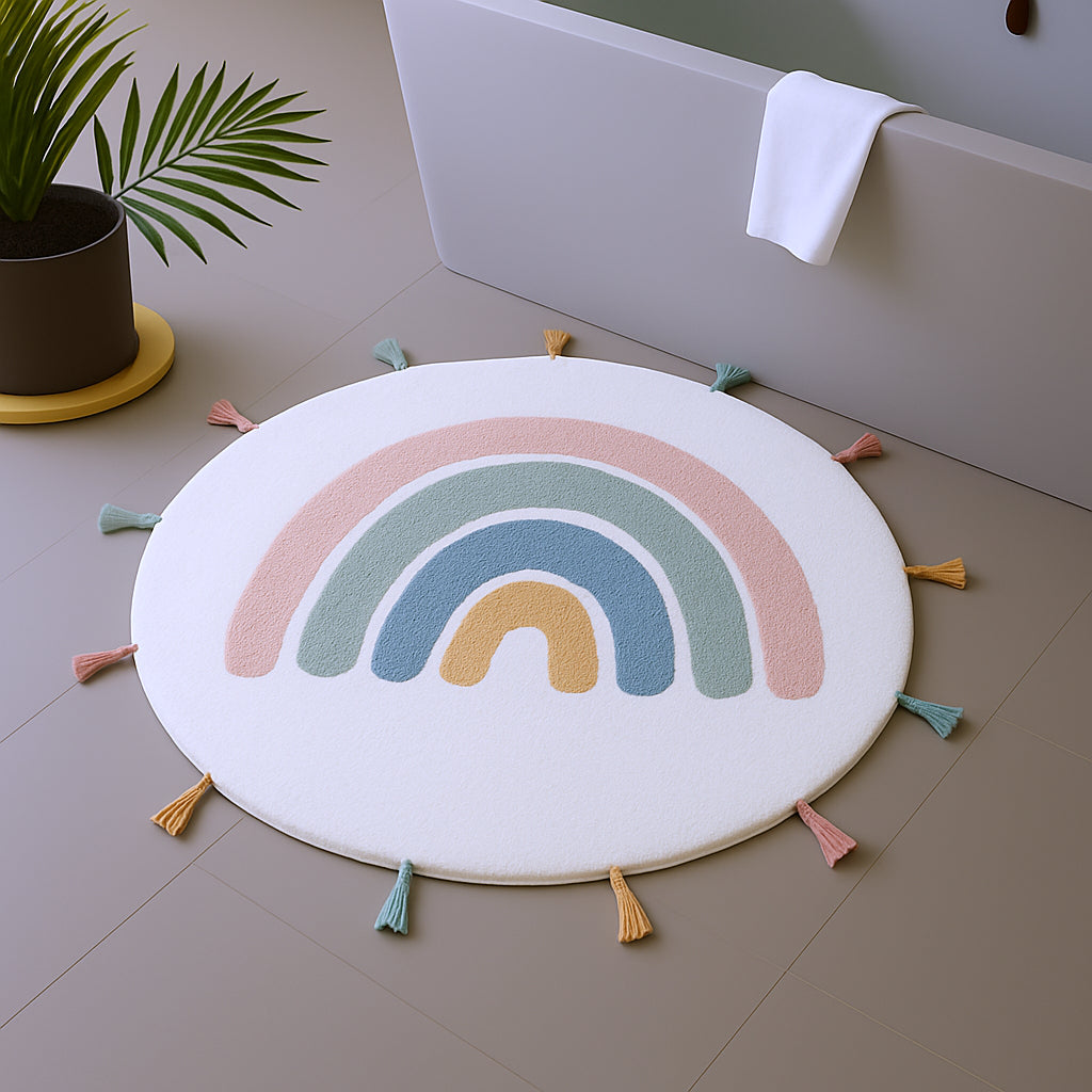 32 White Blue And Pink Cotton Rainbows Round Youthful Bath Rug