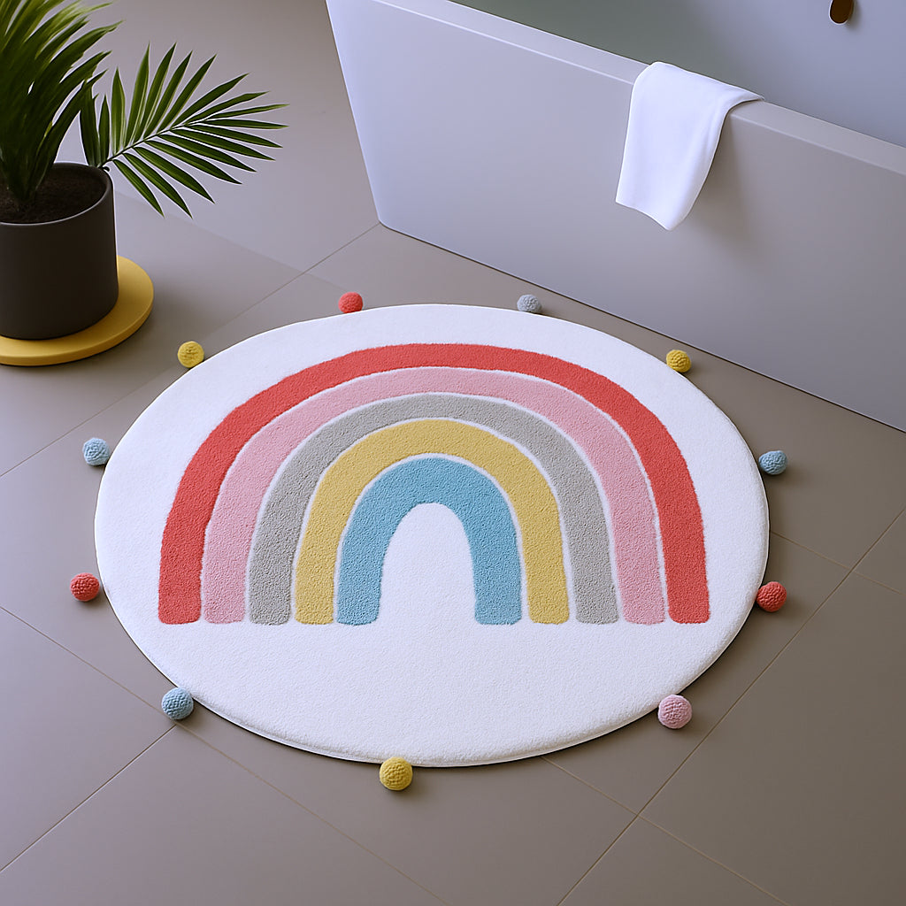 32 White Pink And Yellow Cotton Rainbows Round Youthful Bath Rug
