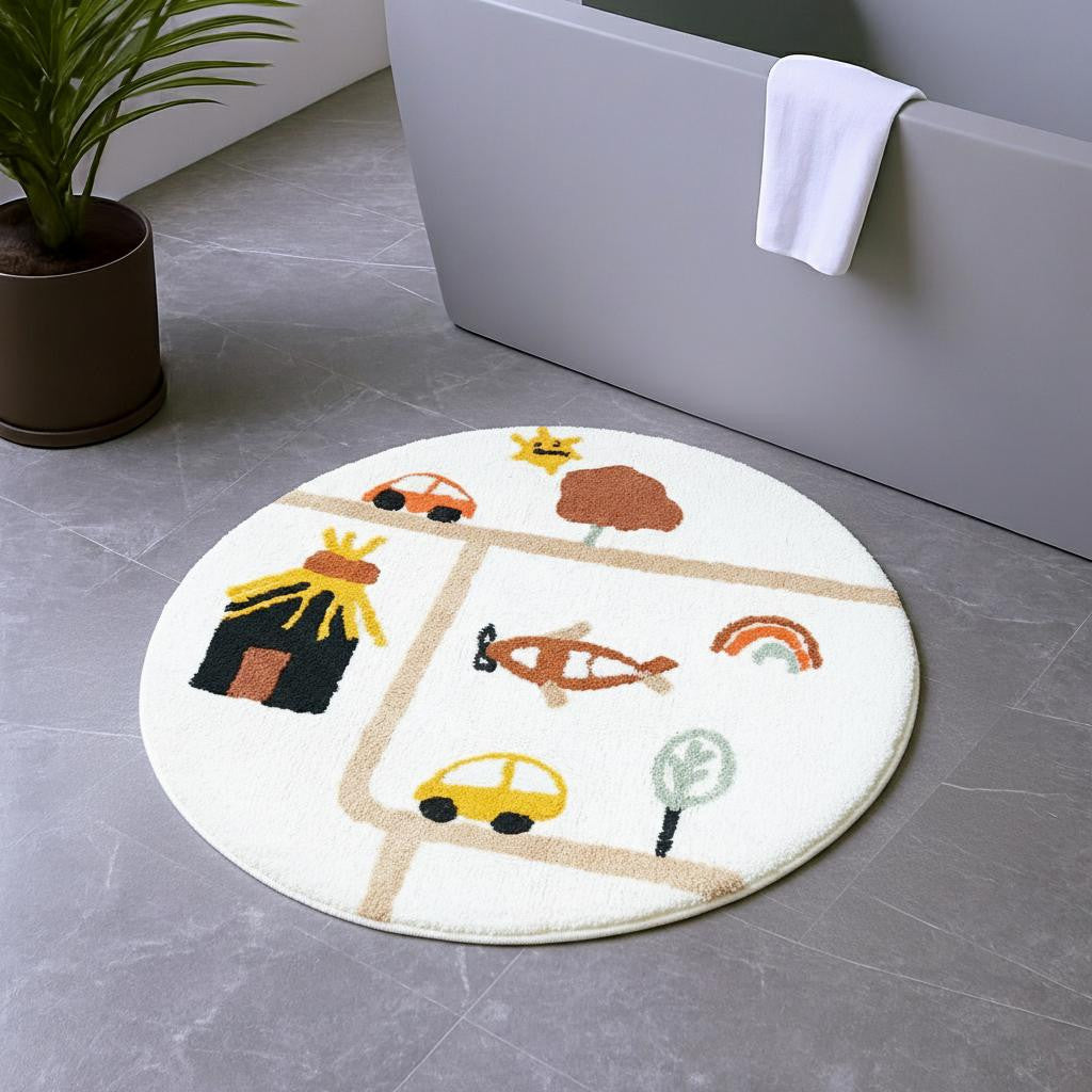 32 White Yellow And Red Cotton Cars Round Youthful Bath Rug