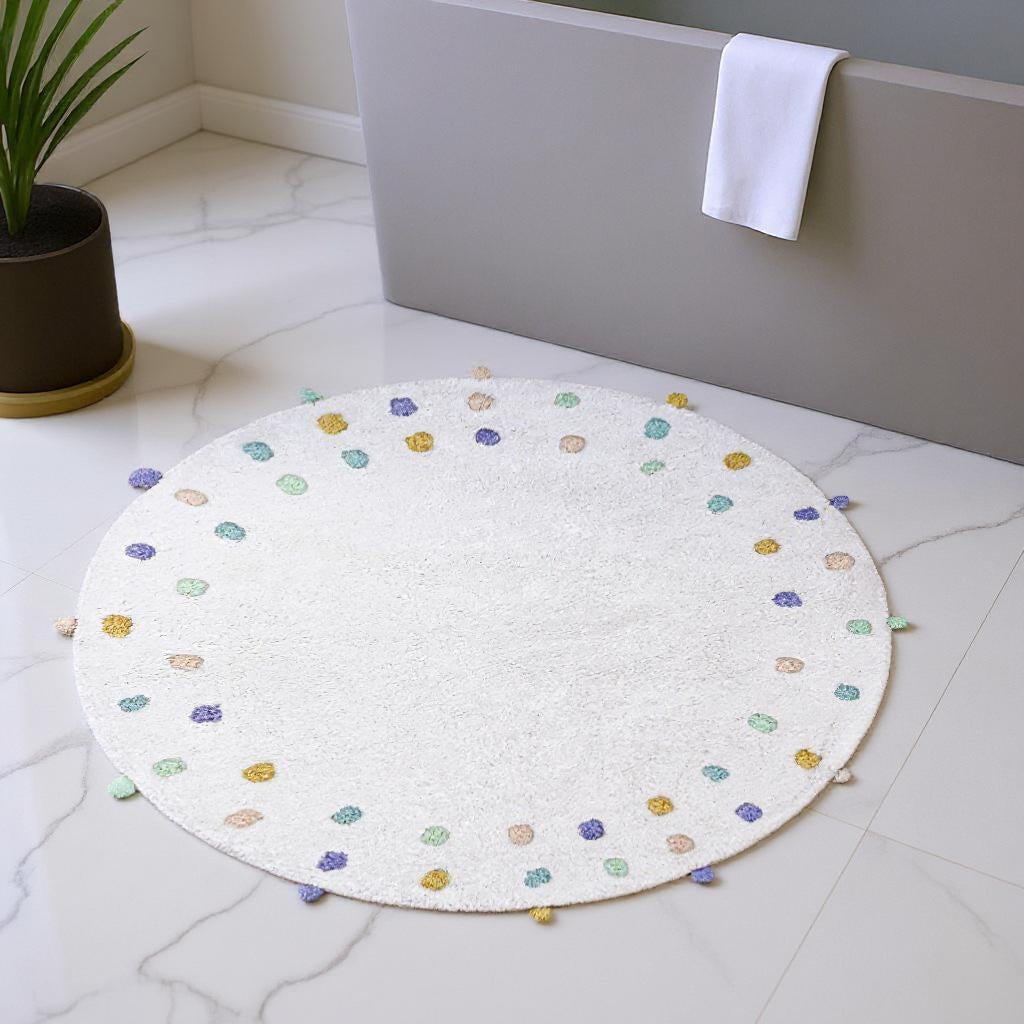 32 Green Purple And White Cotton Round Polka Dots Bath Rug