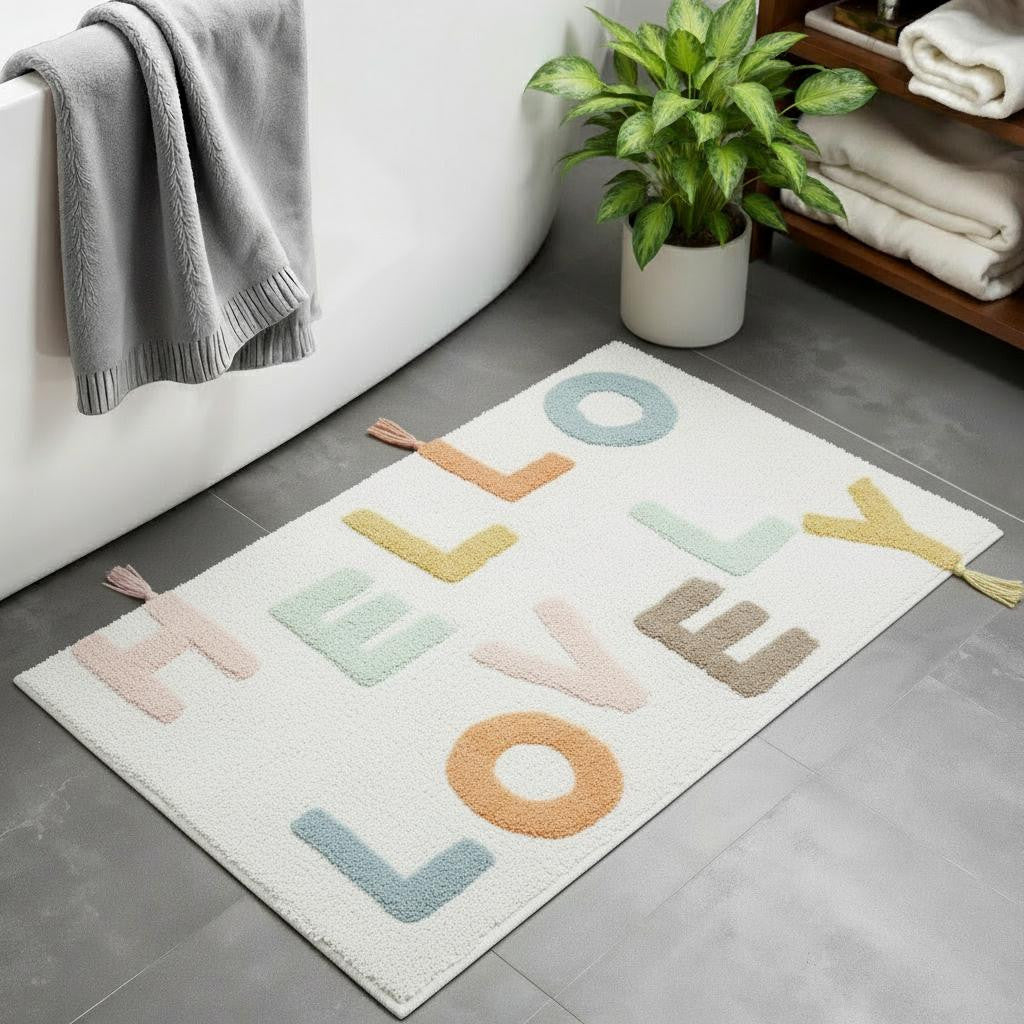 32 Blue White And Yellow Cotton Hello Lovely Youthful Bath Rug