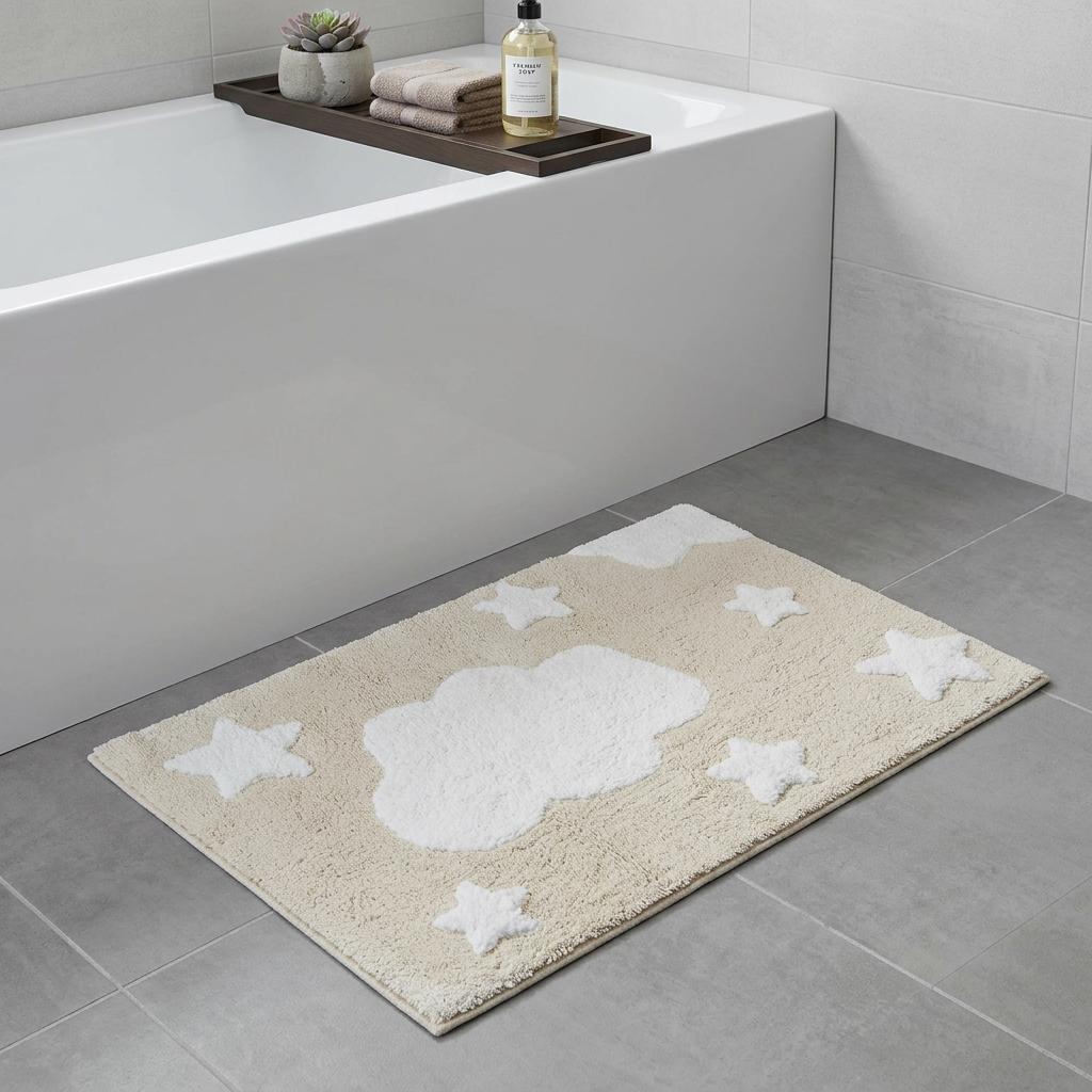 32 White And Beige Cotton Clouds and Stars Youthful Bath Rug