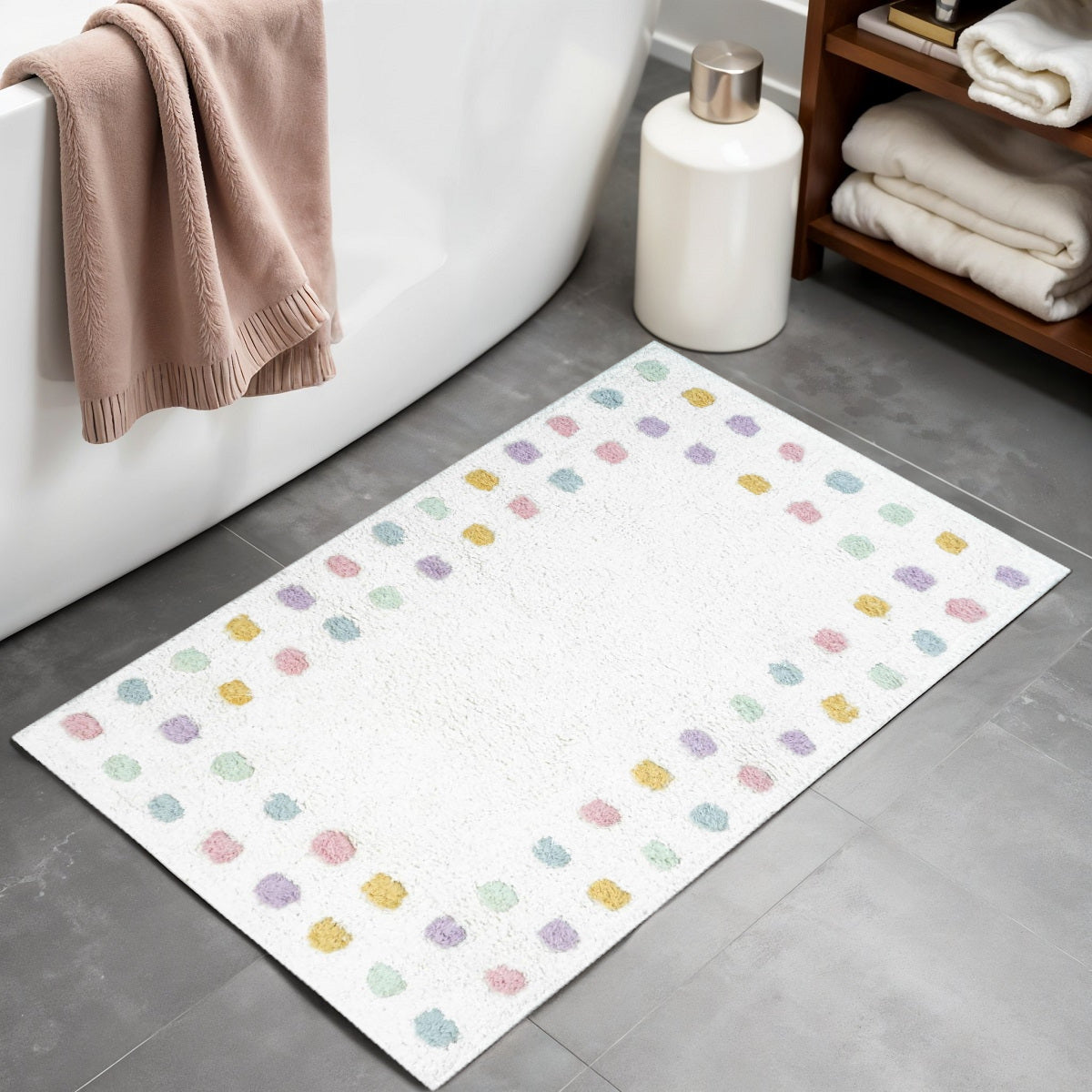 32 White Purple And Pink Cotton Polka Dots Bath Rug