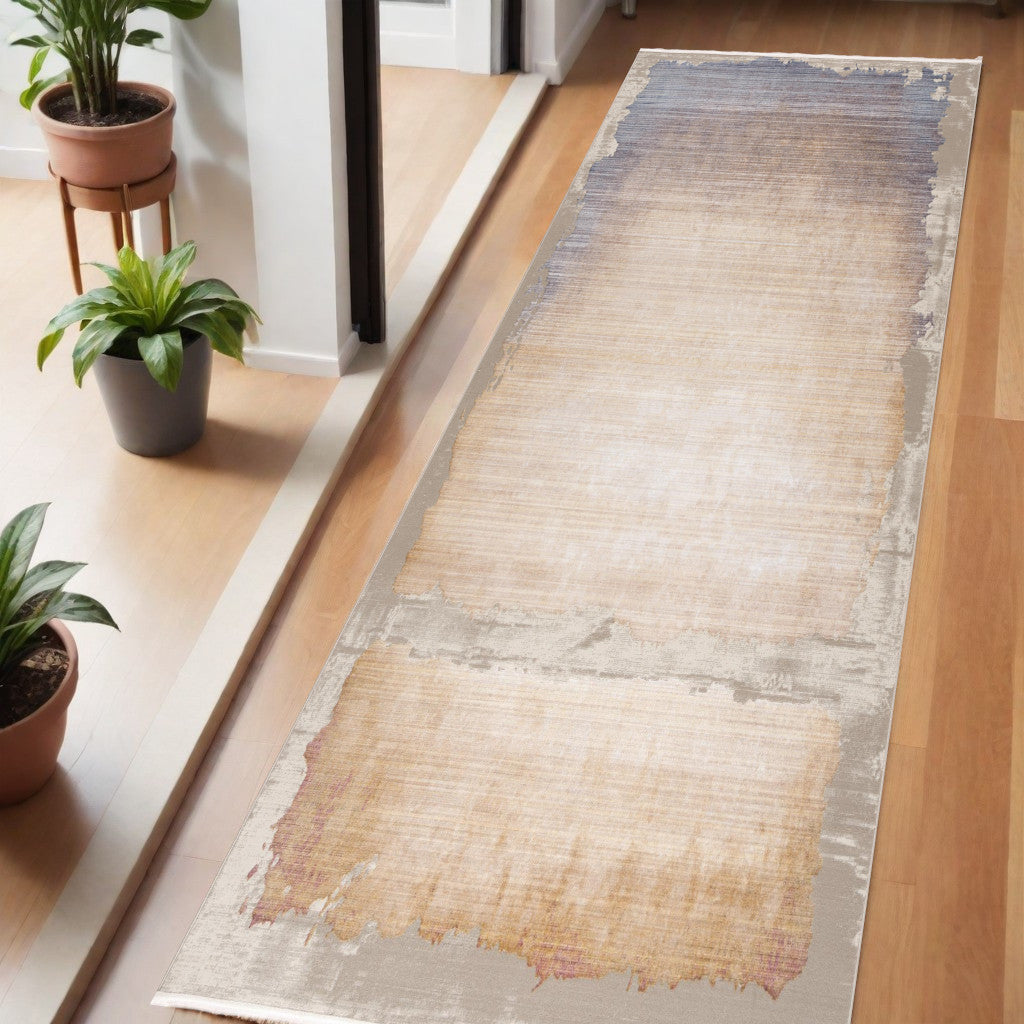6 Blue And Beige Abstract Runner Rug