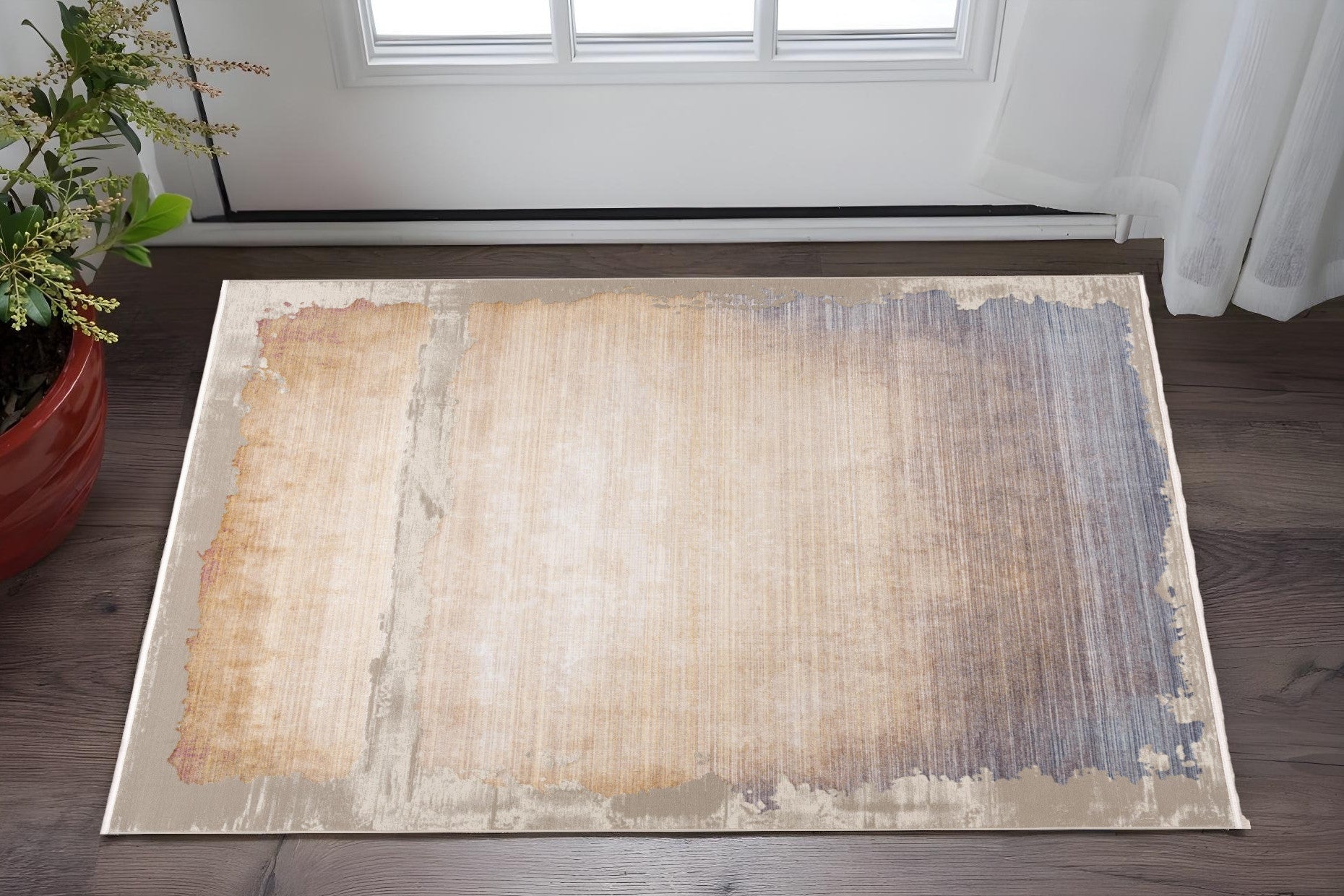 2 X 5 Blue And Beige Abstract Area Rug
