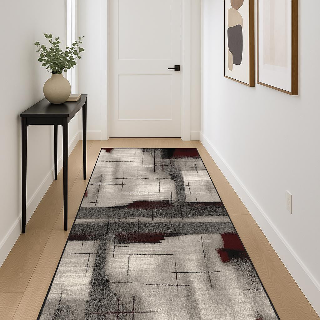 12 Gray And Red Abstract Runner Rug
