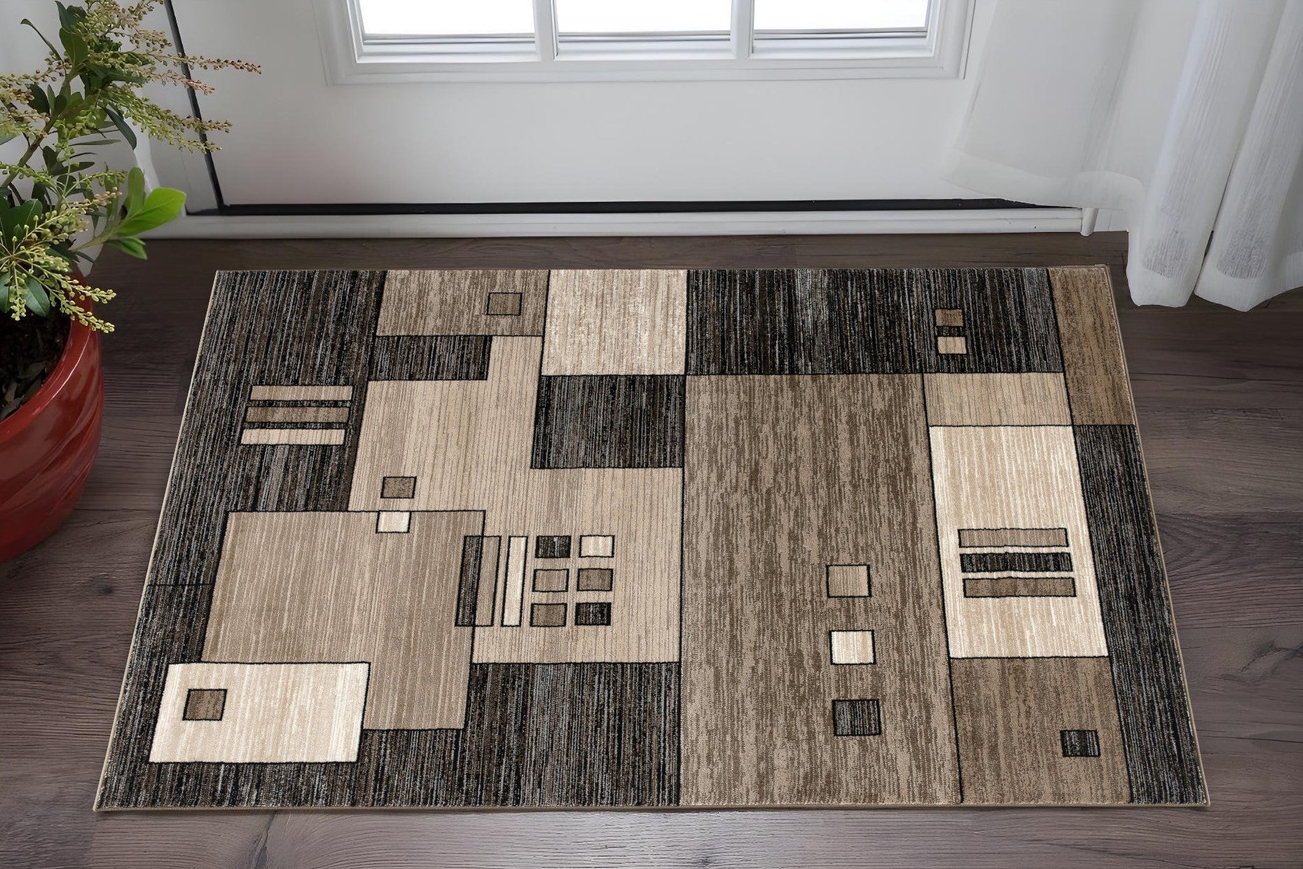 2 X 5 Brown And Beige Geometric Area Rug