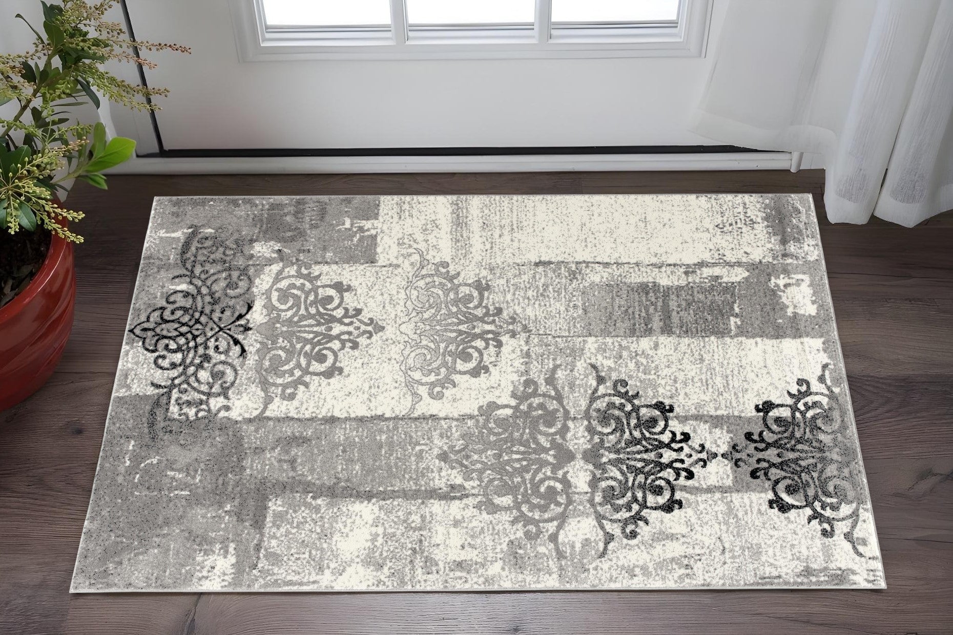 2 X 5 Gray And Black Abstract Area Rug