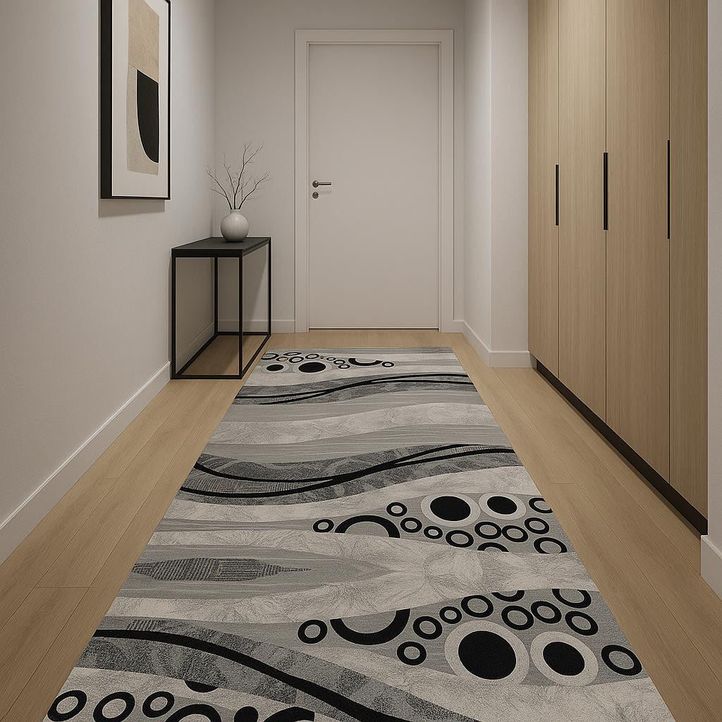12 Gray And Black Geometric Runner Rug