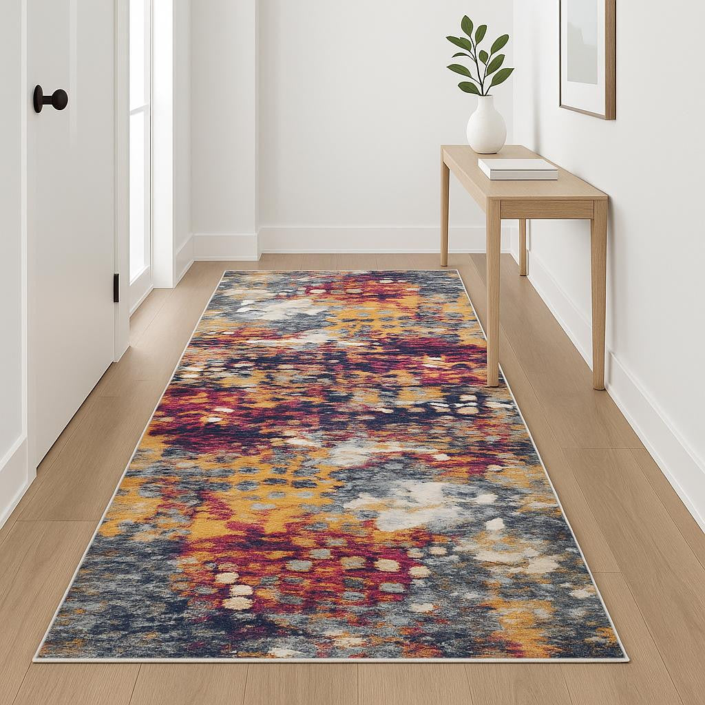 18 Yellow And Blue Abstract Runner Rug