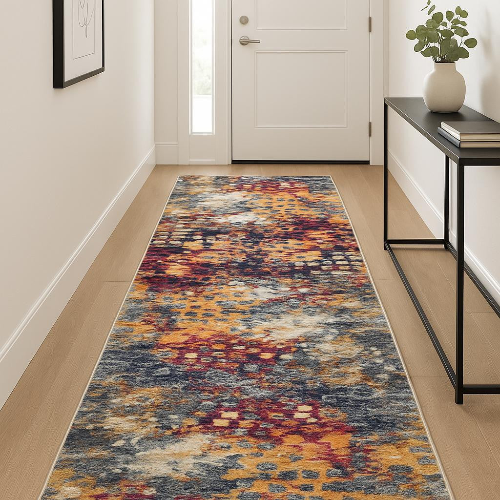 12 Yellow And Blue Abstract Runner Rug