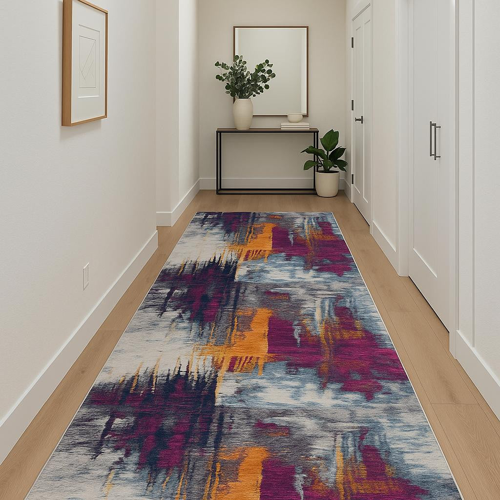 12 Purple And Orange Abstract Runner Rug