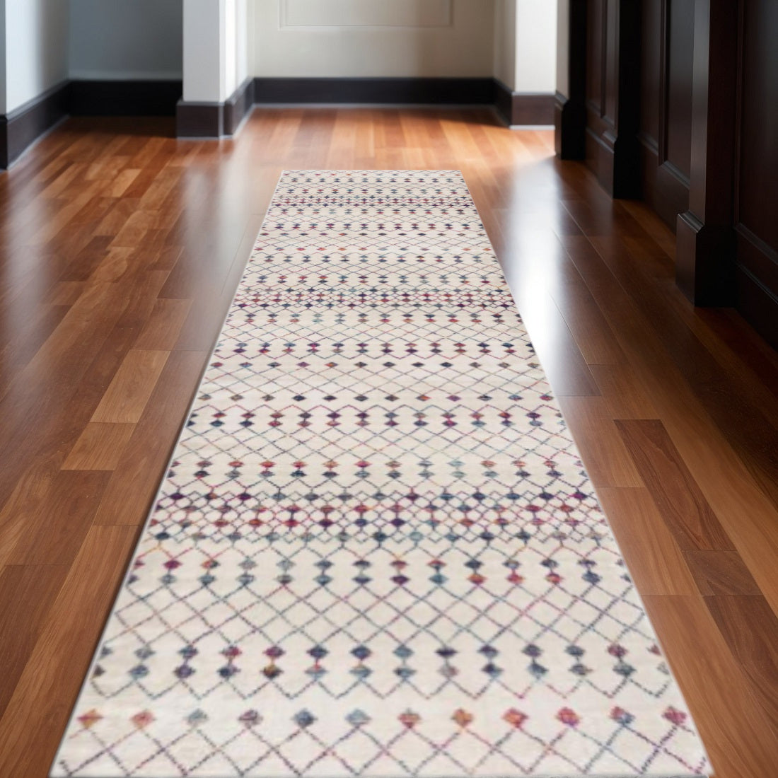 18 Beige And Blue Abstract Runner Rug