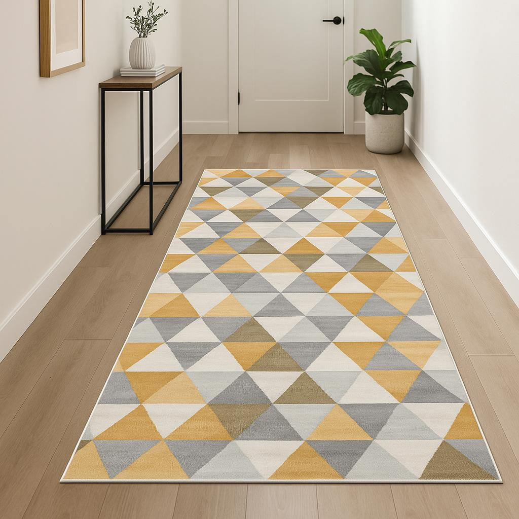 18 Yellow And Beige Abstract Runner Rug