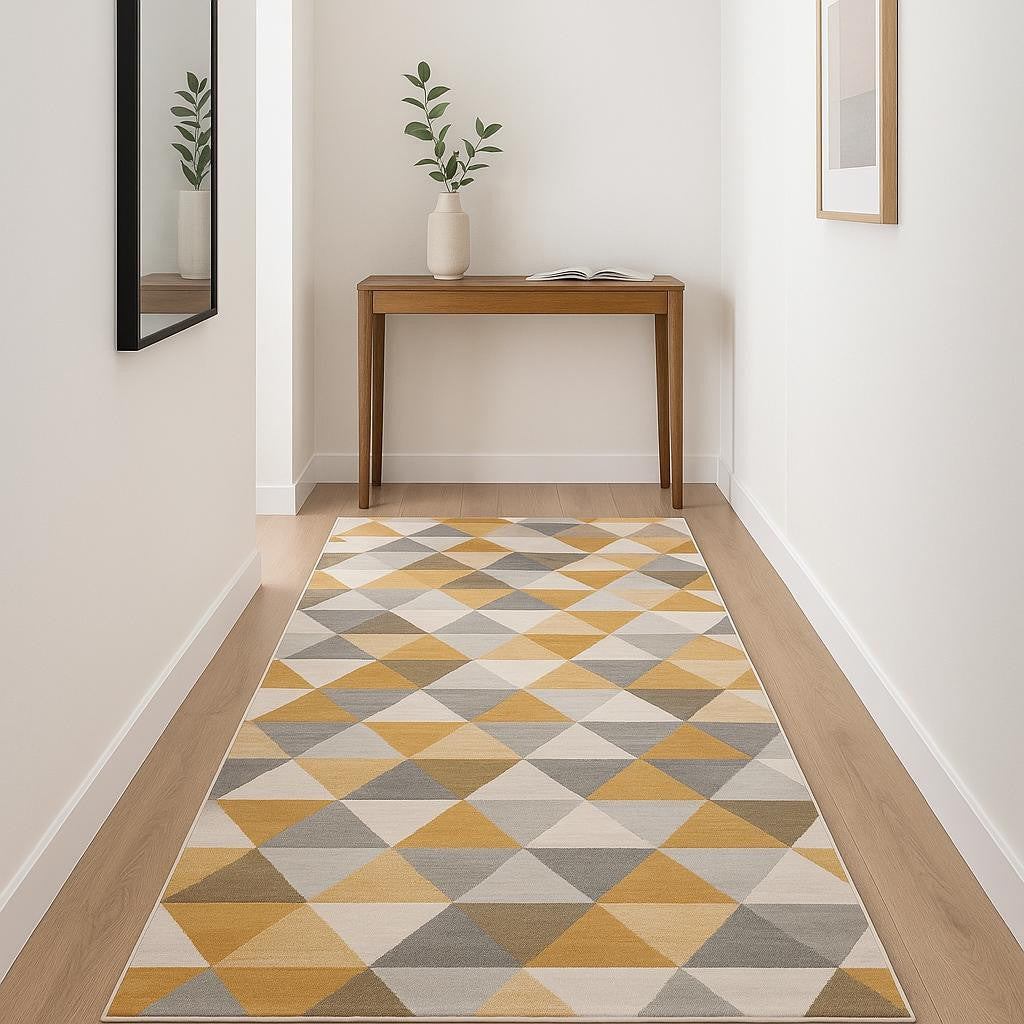 12 Yellow And Beige Abstract Runner Rug