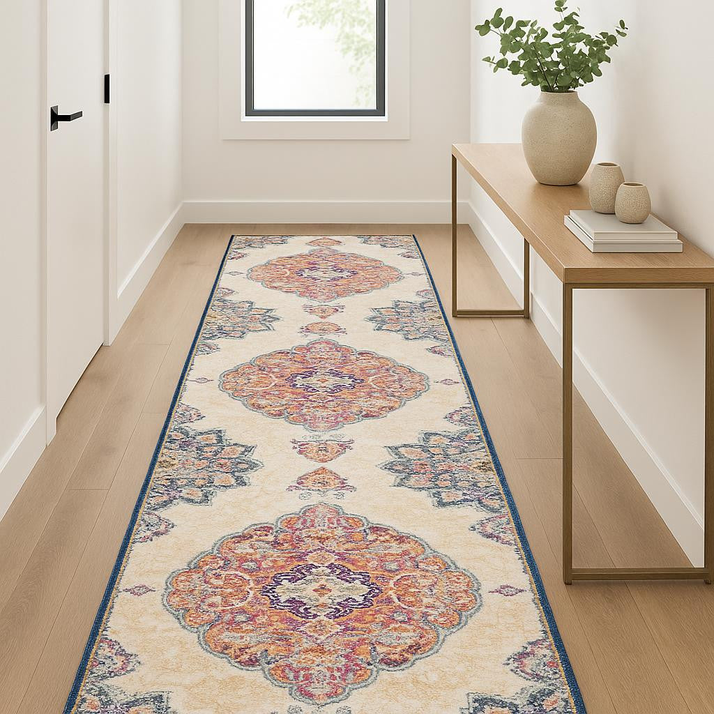 12 Beige Rust And Purple Medallion Runner Rug