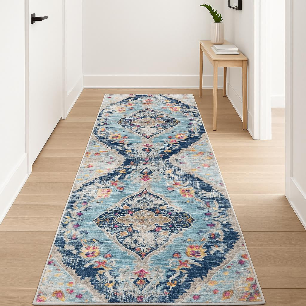 12 Blue And Gray Abstract Runner Rug