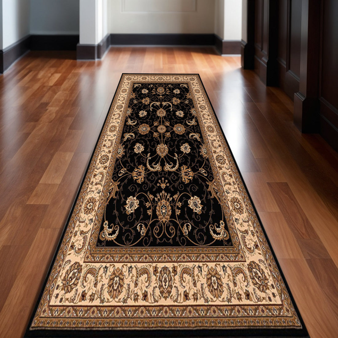 12 Beige And Black Oriental Runner Rug