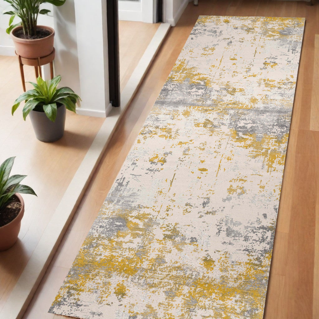 6 Gold And Gray Abstract Runner Rug