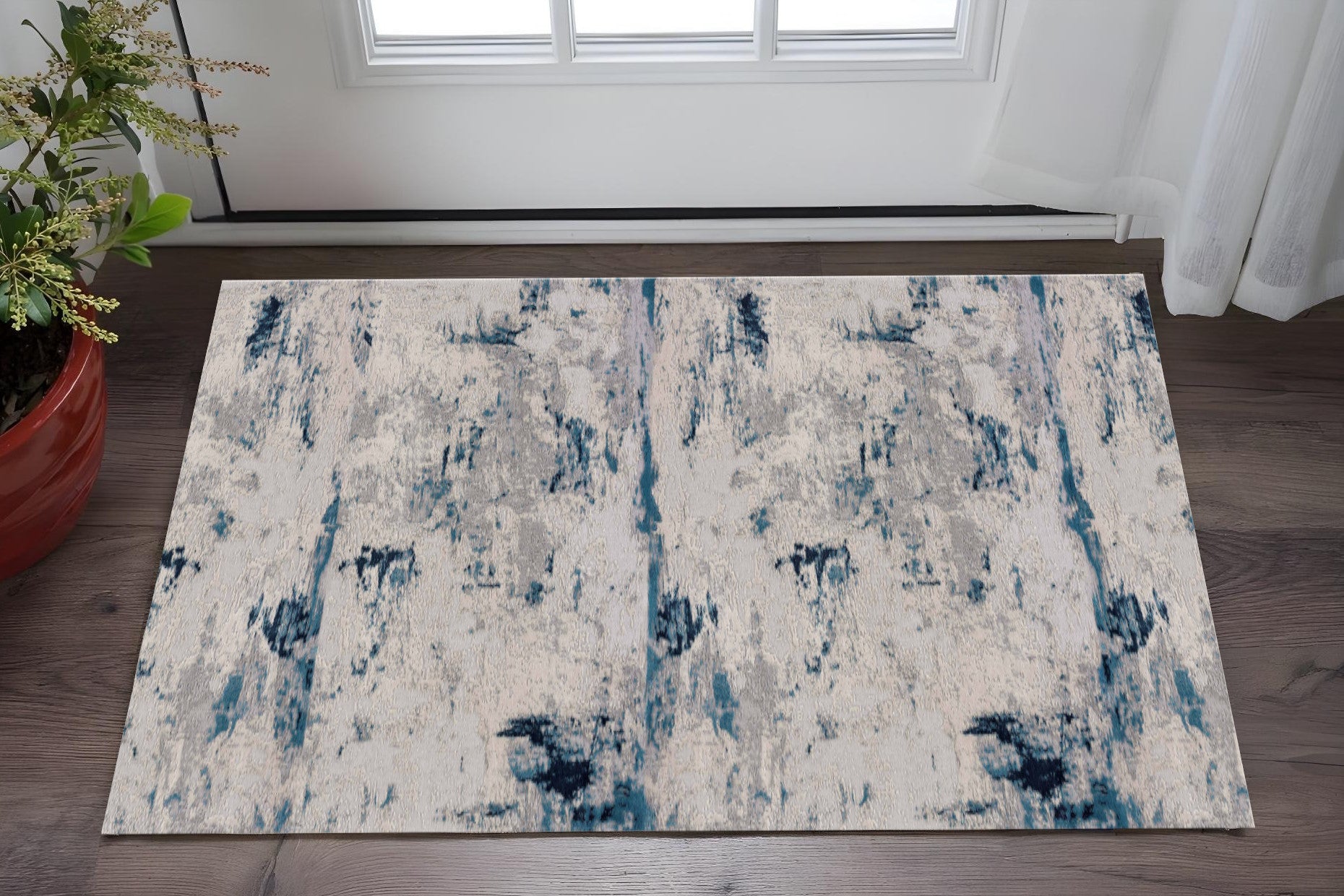 2 X 5 Blue And Cream Abstract Area Rug