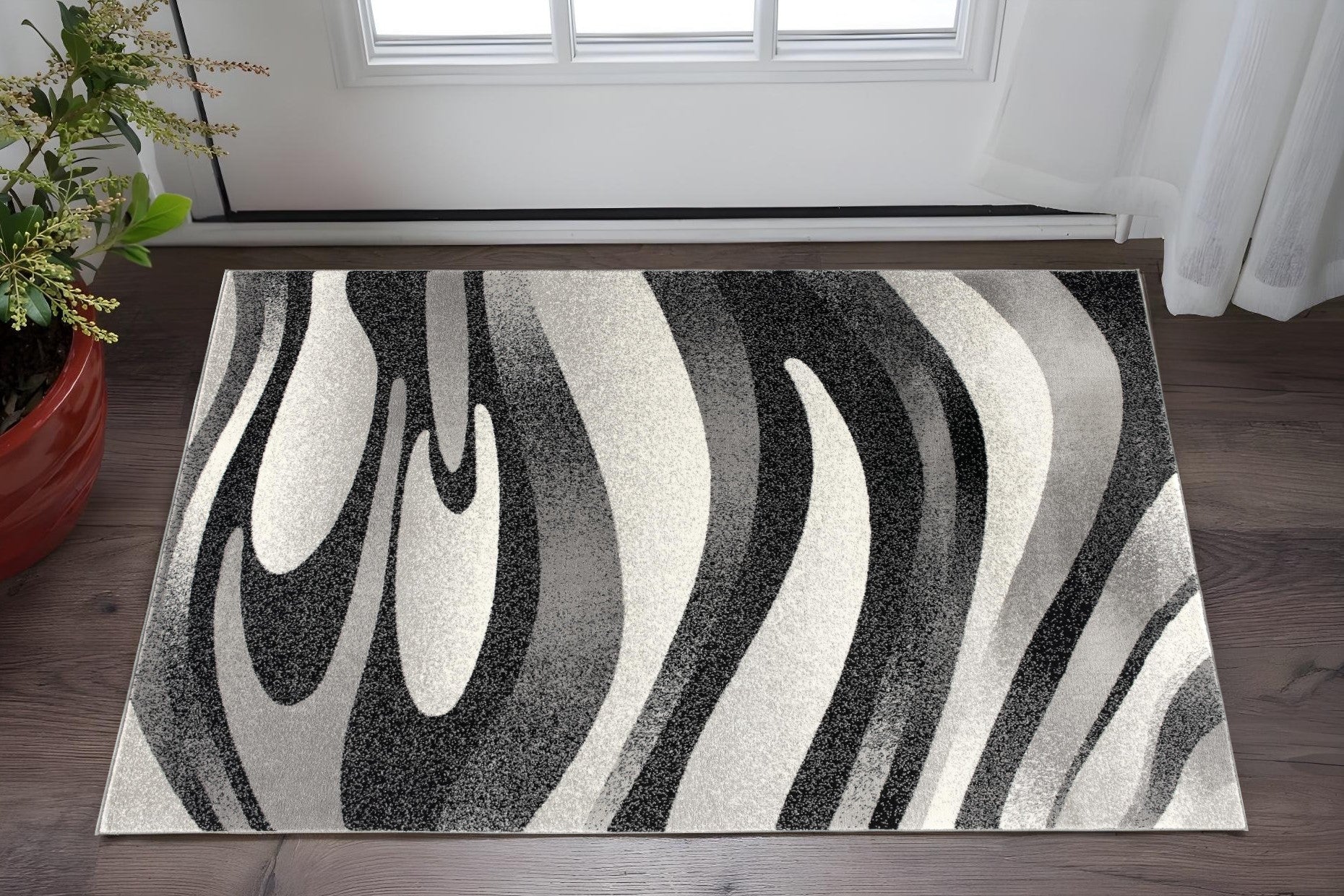 2 X 5 Black And Gray Abstract Area Rug