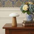 7 Brown And White Wood Hand Painted Mushroom Tabletop Sculpture