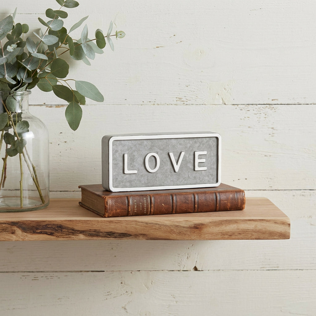 4 Gray And White Galvanized Metal Love Hand Painted Tabletop Sign