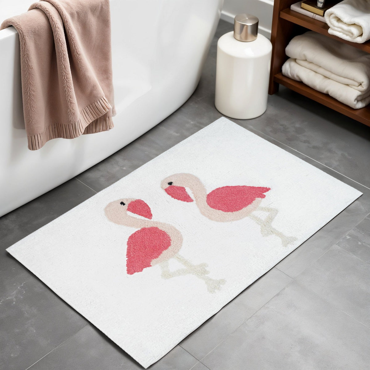 32 Pink And White Cotton Flamingo Bath Rug