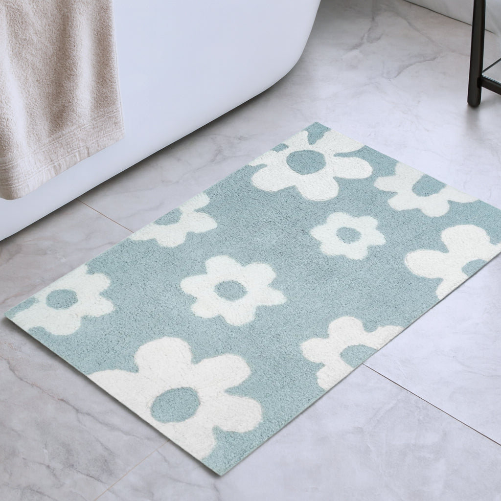 32 Blue And White Cotton Floral Bath Rug