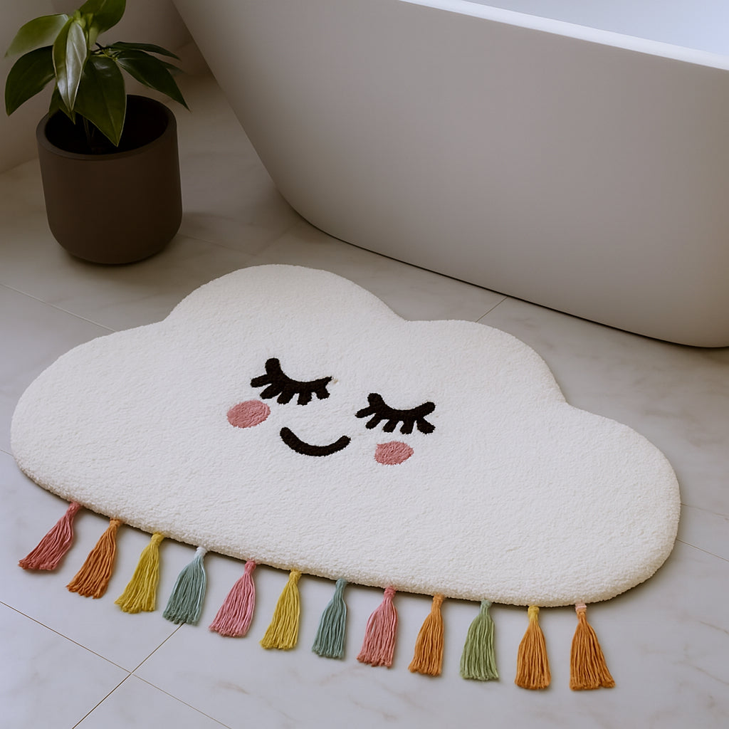 2 X 4 White Cloud Shape Smiley Face Washable Area Rug With Tassels