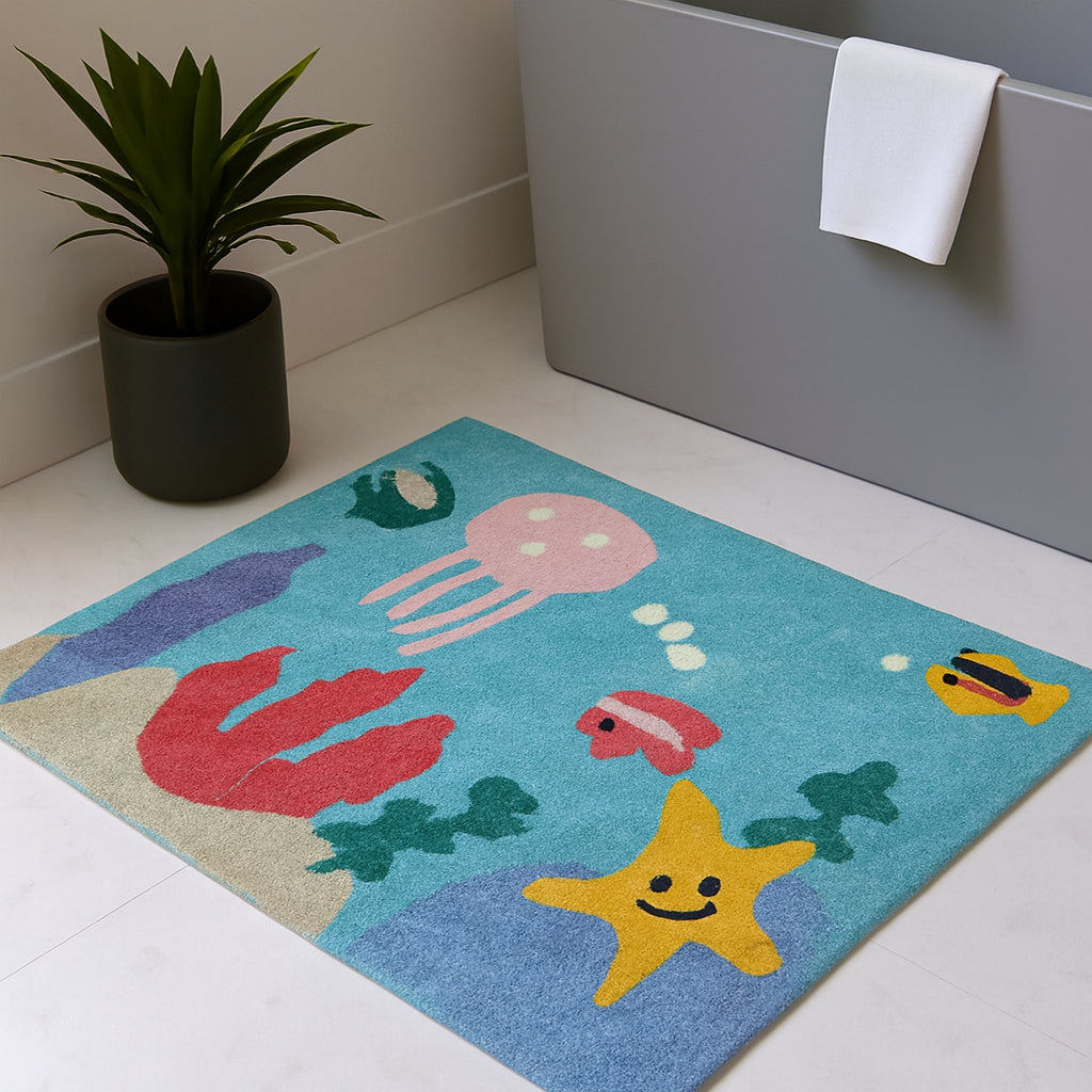 3 X 4 Aqua Yellow And Coral Starfish Youthful Washable Area Rug