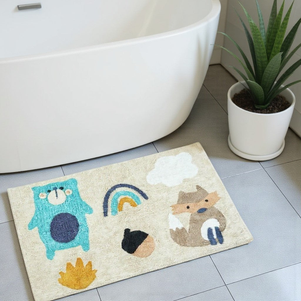 3 X 4 Beige And Blue Woodland Animals Youthful Washable Area Rug