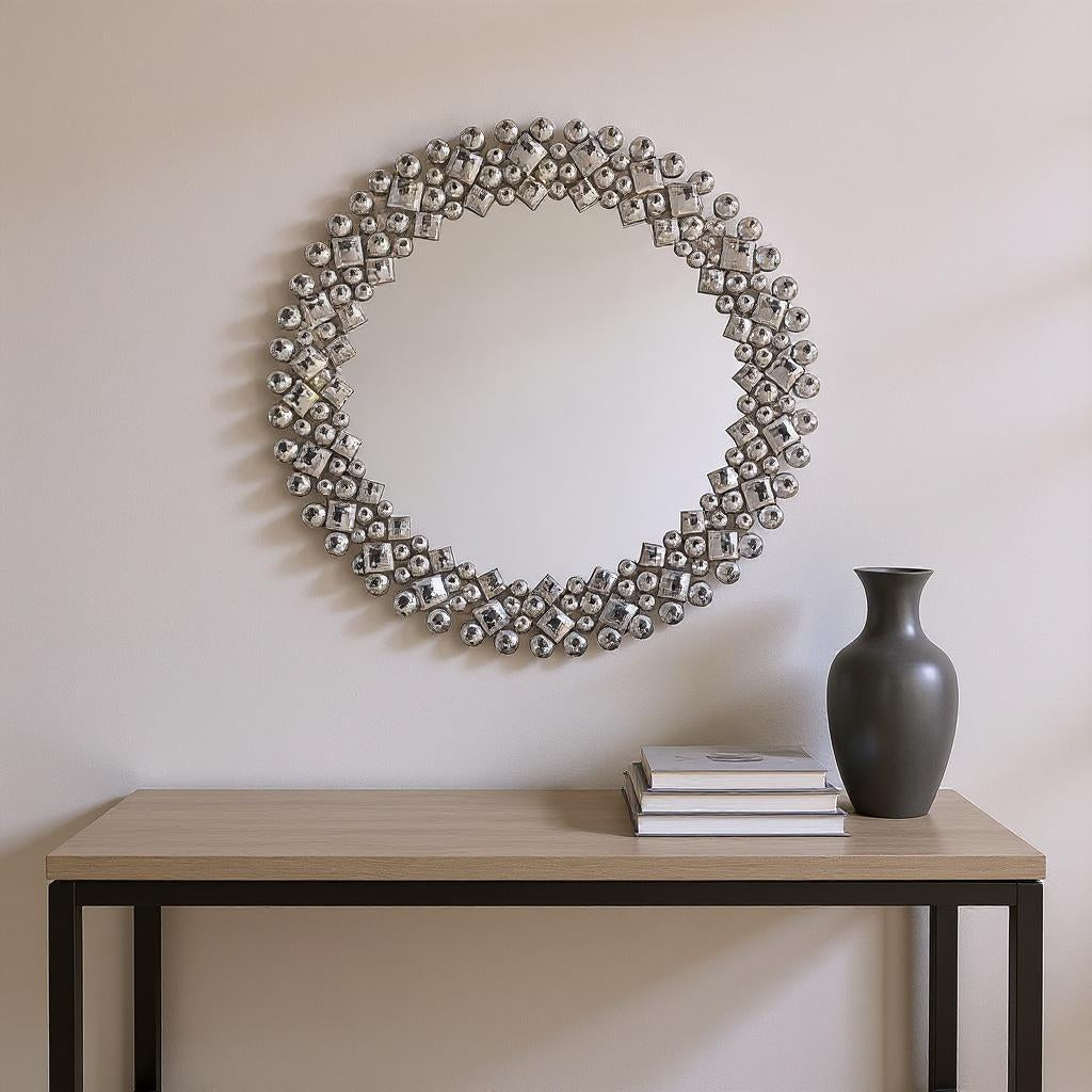 20 Silver Round Faux Crystal Bling Framed Accent Mirror