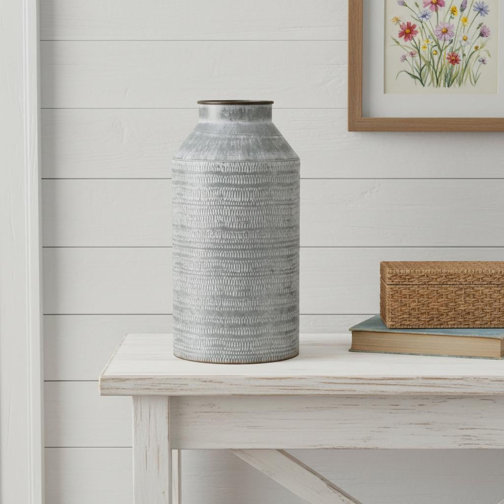 13 Gray Galvanized Metal Geometric Patterned Jug Vase