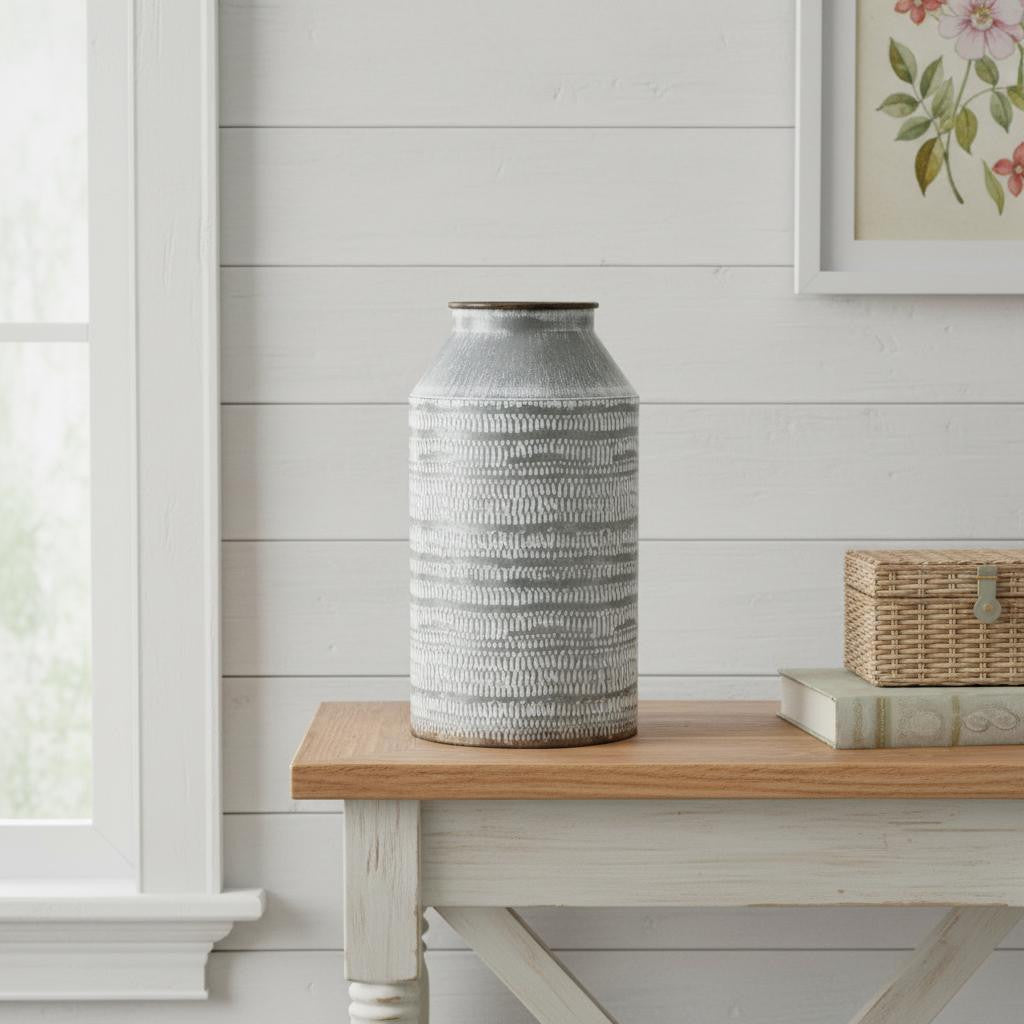 10 Gray Galvanized Metal Geometric Patterned Jug Vase