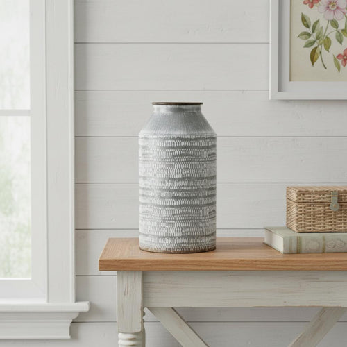 10 Gray Galvanized Metal Geometric Patterned Jug Vase