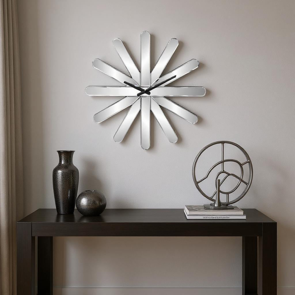 26 Silver Mirrored Glass Silent Analog Starburst Wall Clock