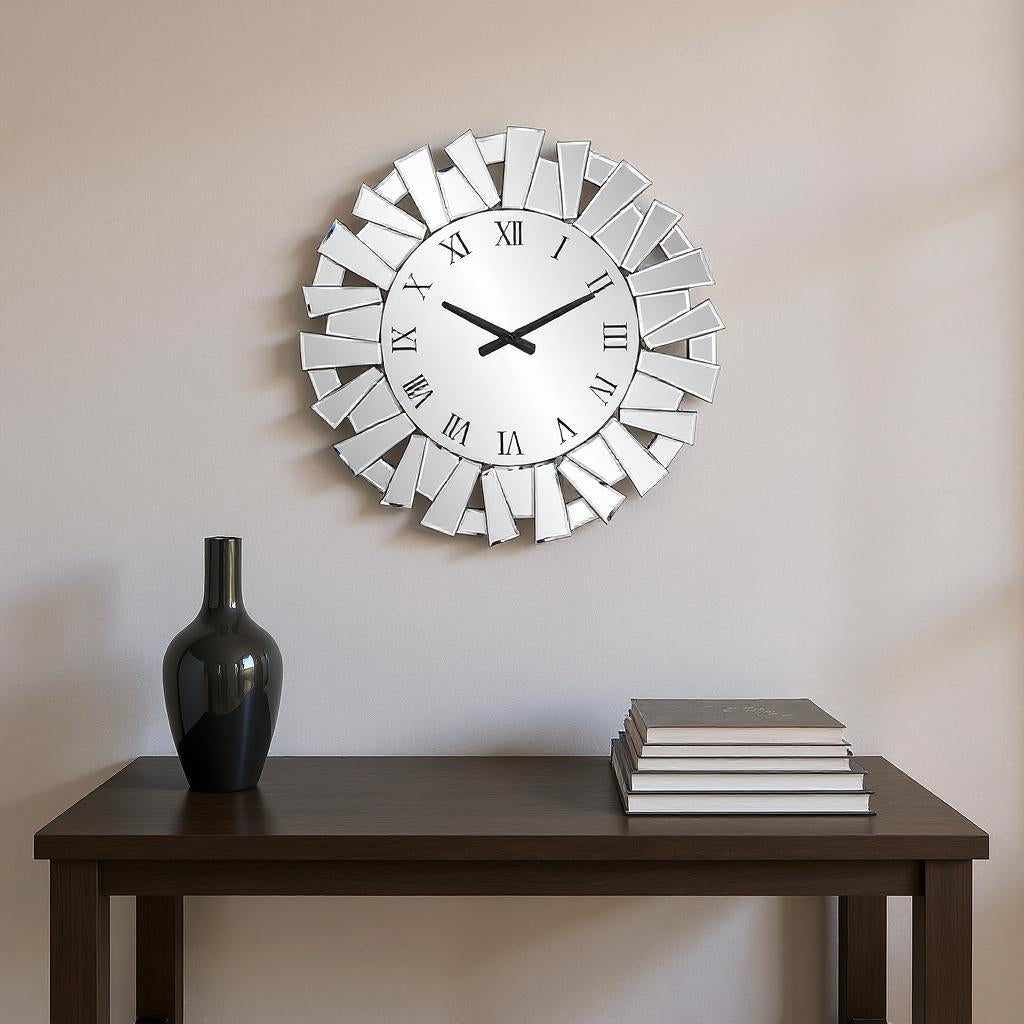 27 Silver Mirrored Glass Silent Analog Sunburst Wall Clock
