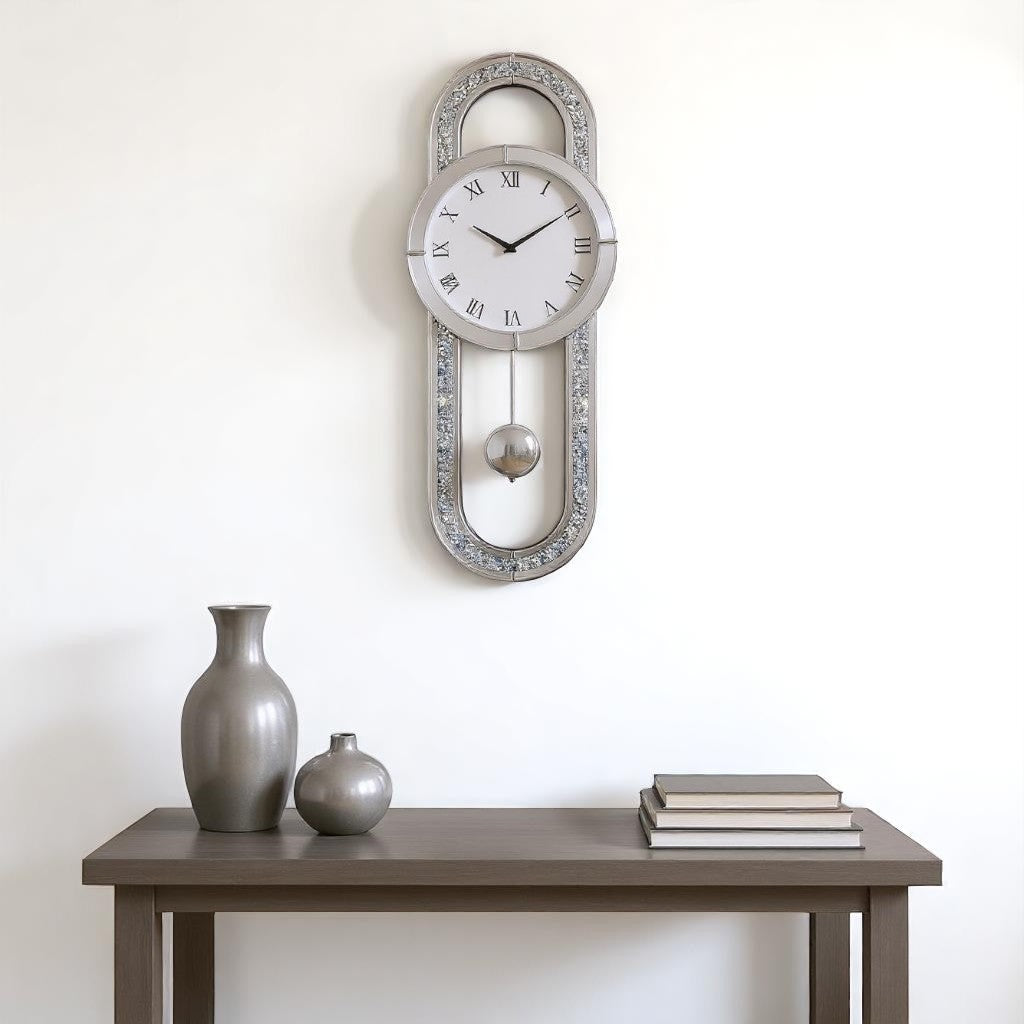 15 Silver Faux Crystal And Mirrored Glass Silent Analog Oval Wall Clock