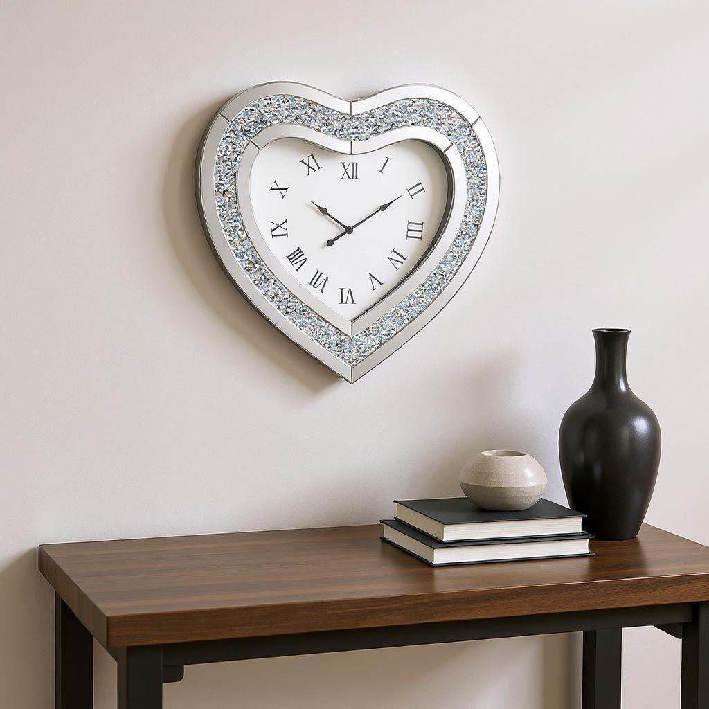 27 Silver Faux Crystal And Mirrored Glass Silent Analog Heart Wall Clock