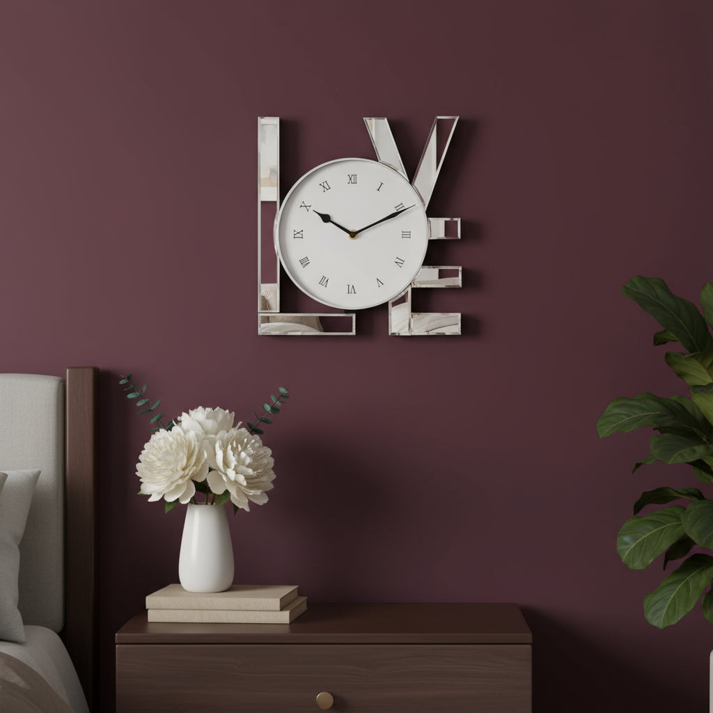 11 Silver Mirrored Glass Love Wall Clock